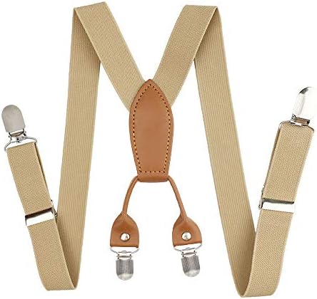 Kids Suspenders, Cinny Elastic Solid Color 1" Suspender with 4 Metal Clips (Khaki)