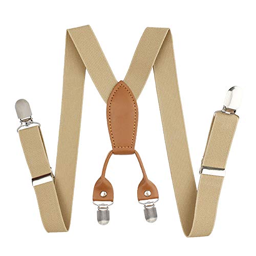 Kids Suspenders, Cinny Elastic Solid Color 1" Suspender with 4 Metal Clips (Khaki)