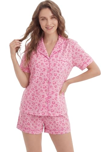 Image of LUBOT 100% Cotton Pajamas for Women 2 Piece PJ Set Button-Down Soft Knit Short Sleeve Summer Sleepwear Loungewear XS-XXL