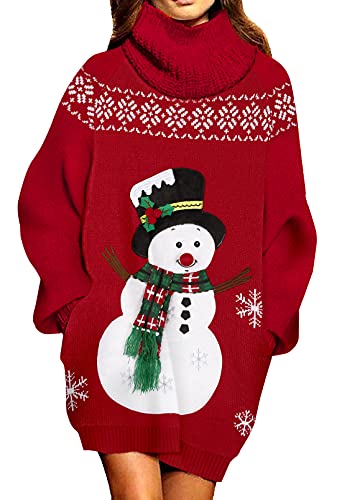 Pink Queen Women Oversize Turtleneck Santa Snowman Snowflake Ugly Christmas Pullover Sweater Dress Red M