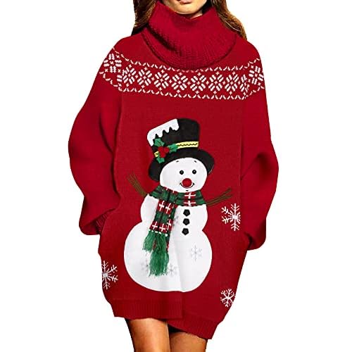 Pink Queen Ugly Christmas Sweater Dresses for Women Oversized Loose Fit Knit Dress with Pocket Red - Snowman Large