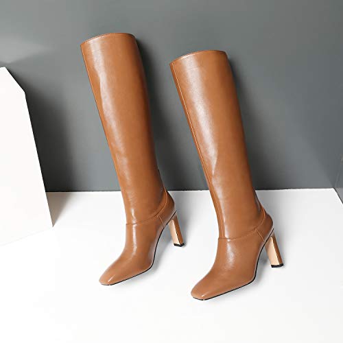 Lehoor Women Knee High Chunky Heel Boots Matte Leather Square Closed Toe Slip On High Heeled Dress Shoes Sexy Trendy For Ladies Tan 9 M Us #TOP3