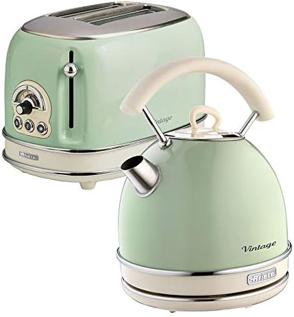 Ariete Retro Style Dome Kettle and 2 Slice Toaster Set, Vintage Design, Green