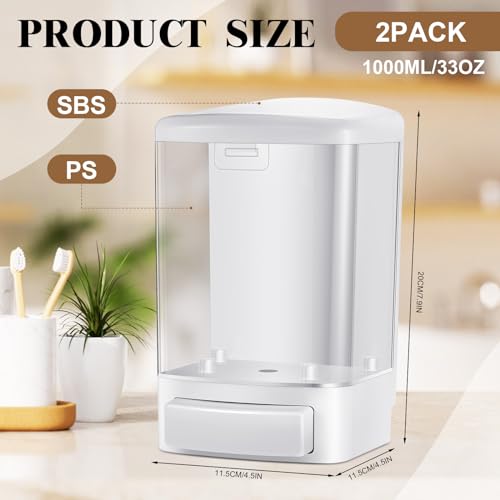 Image of Hushee 2 Pcs Commercial Soap Dispenser Hand Wall Mounted Bathroom 33.8oz /1000ml Manual Soap Dispenser Liquid Containers with Pump White Shower Plastic Wash Wall Container Shampoo Gel for Kitchen Hotel