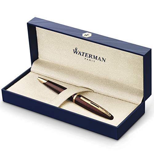 Waterman Carène Marine Amber - Bolígrafo, color negro muy brillante con clip de oro de 23 quilates, plumín mediano con cartucho de tinta azul, estuche de regalo