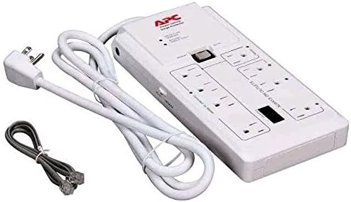 Angled view of the APC P8GT surge protector with its power cord and phone line cables.