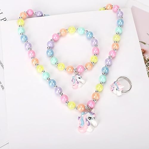 QIZHIQIAMY Einhorn Schmuck Set 3 Stück Einhorn Kette Armband Ring Bunte Kinderschmuck Perlenkette für Mädchen Geburtstag Geschenk, Party Outfit