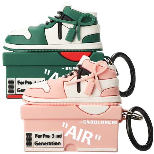 Image of [2Pac] Compatible Airpods Pro 3 Case Cover,Cute Cartoon Shoe Box Soft Silicone Protective Cases with Keychain (F-Pink+Green, Airpods pro 3 case)