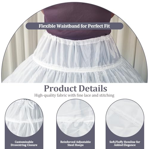 Women Crinoline Petticoat 6 Hoop Skirt for Women Under Dress, Adjustable Petticoat Skirt, Crinoline Underskirt for Wedding Gown, Ball Gown, and Formal Dresses White4