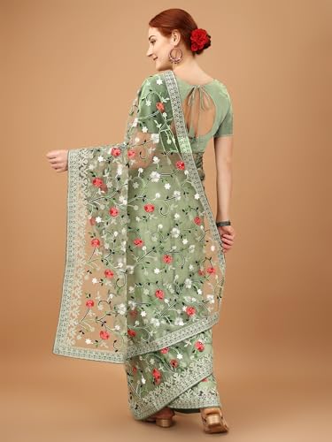 Jaanvi fashion Damen Netzsari mit Blumenstickerei und ungenähtem Blusenteil, lichtgrün, One size