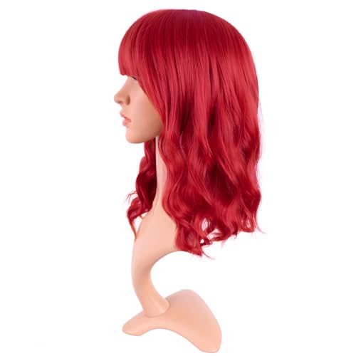 Image of MapofBeauty 14 Inch /35 cm Short Wavy Curly Women Fresh Bright Synthetic Ordinary Flat Bangs Bob Wig (Bright Red)