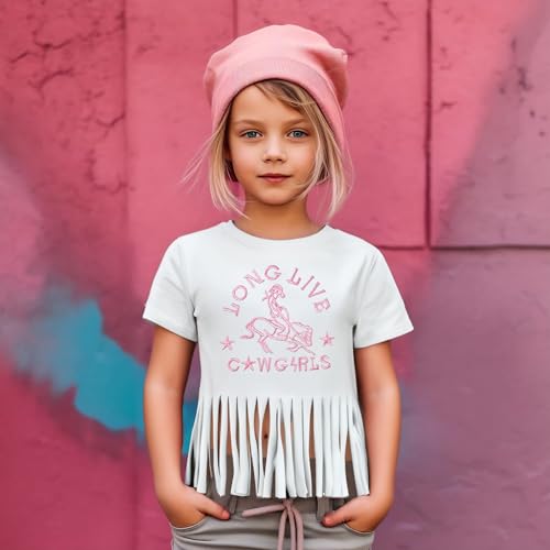 Image of Girls Western Shirt Cowgirls Embroidered Country Concert T Shirt Graphic Horseback Rider Tassel Fringe Tee Tops