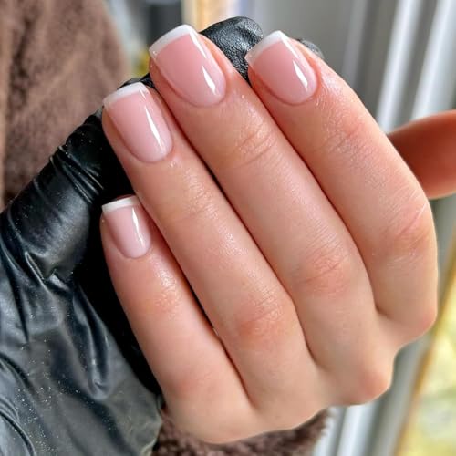120PC Short French Tip Press on Nails, Square White Tip Fake Nails Full Cover Acrylic Nails Press on French 12 Sizes Artificial False Nail for Women Manicure Design