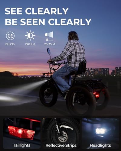 Image of Skeri Electric Tricycle for Adults, 750W(Peak 1350W) Motor Etrike, 20 inchx4 inch Folding Fat Tire Electric Trike, 48V13Ah Battery, 3-Wheel Electric Bike, 20MPH, Front & Rear Basket & Differential