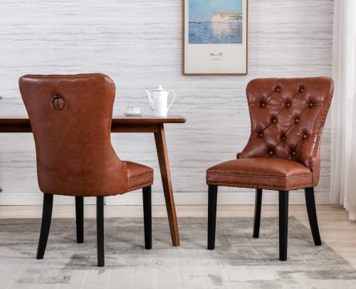 Ealson Modern Dining Chairs Set Of 2 Mid Century Leather Dining Room Chairs With Wood Legs Tufted Upholstered Kitchen Side Chairs With Nail Head Trim For Dining Room/Living Room, Brown With Ring #TOP3