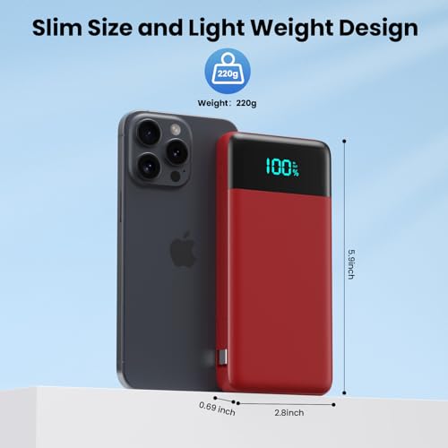 Image of Portable Charger for iPhone,13800mAh Slim Power Bank with Built-in Cables & AC Wall Plug,All in One 4 Outputs USB C Fast Charging Battery Pack Travel Essential for iPhone 17 /16 /15 /14,Android (Red)
