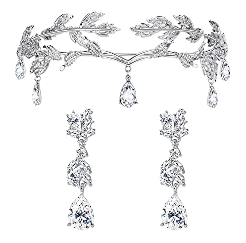 KALVICA Elfe Diadème Femme Boucles d'oreilles Strass pour Mariage Cristal Diadème Mariage Feuille Diadème Elfe Couronne Boucles d'oreilles Strass Ensemble pour Halloween Cosplay Mariage Cover