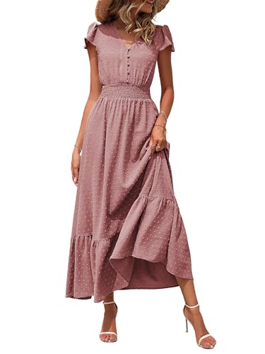 Women Nursing Boho Maxi Dresses Cap Short Sleeve V Neck Swiss Dot High Waisted A-Line Ruffle Tiered with Pockets2