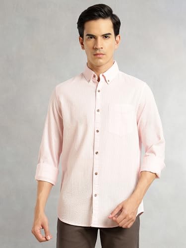 Image of Thomas Scott Men's | Slim Fit | Striped Design | Button-Down Collar | 100% Cotton Casual Shirt for Mens