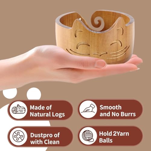 Image of Sunicon Cat Crochet Bowl, Wooden Yarn Bowls for Crocheting, Knitting Bowl, Yarn Storage Bowls, Crochet Yarn Holder for DIY Knitting and Crochet Christmas, Thanksgiving,New Year's Gifts(18x18x10cm)