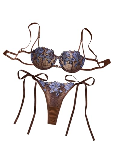 Image of Lilosy Sexy Tie Side Cute Underwire Push Up Strappy Embroidered Mesh Sheer Lingerie Set