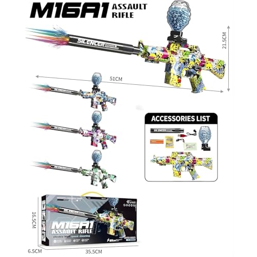 Image of Crackles Electric M16A1 Water Ball Blaster Gun for Kids | Automatic Burst Shooting Gel Gun Toy with Flash Light Effect, Rechargeable Battery & Silencer Outdoor Fun Toy Gun for Boys Multicolor