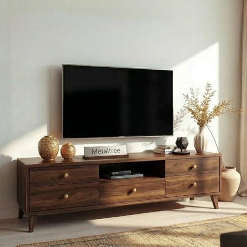Image of Sheesham Wooden TV Unit for 65 Inch TV, Wooden TV Cabinet for Living Room 65+ inch, TV Stand - 5 Drawers & Open Shelf, Entertainment Center, Media Console, Modern TV Table (Bella Walnut)