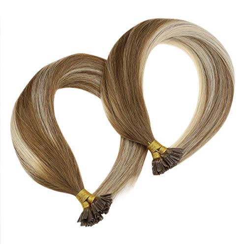 Sunny 18inch Pre Bonded U Tip Human Hair Extensions,Balayage Medium Brown Ombre Blonde Mixed Brown U Tip Karatin Hair Extensions Human Hair for Woman 1G/S 50G
