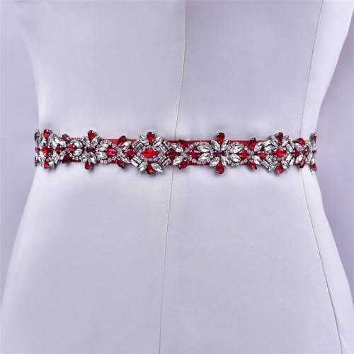 Women Red Rhinestone Bride Thin Belt Wedding Dress Accessories Banquet Dress Belt3
