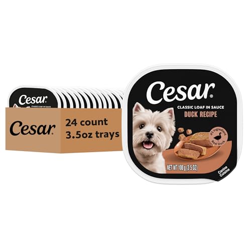 Image of Cesar Classic Loaf in Sauce Wet Dog Food, Duck Recipe, 3.5 oz, 24 Count | Made in USA, Real duck #1 ingredient, no fillers /added sugar /artificial flavors, use as meal or topper, easy peel trays