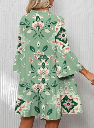 Image of Summer Dresses for Women 2026 Flowy Ruffle 3 /4 Sleeve V Neck Tiered Casual Babydoll Boho Beach Mini Dress