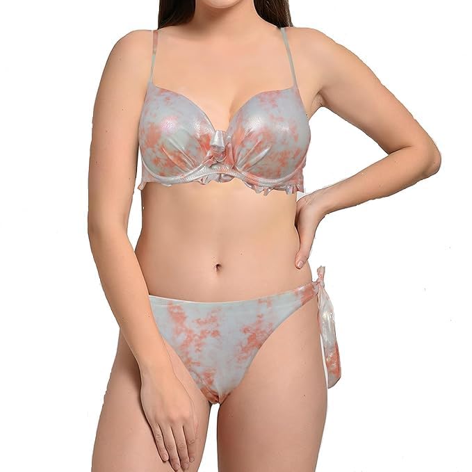Women's Tie-Dye Shimmer Bikini Set with Padded Push-up Bra and Tie-Side Panty – Two Piece Stylish Swimwear for Beach & Pool (in, Alpha, S, Regular, Peach)-image-10