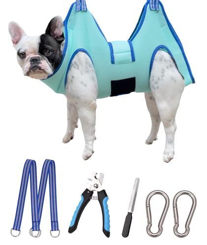 Kkiimatt Haustierpflege-Hängemattengeschirr,Hundepflege-Hängematte kleine Hunde,Hundenageltrimm-Hängematte mit Nagelknipser,Hundehängematte zur Pflege mit breitem Riemen (Medium 16 KG Max/Türkis)