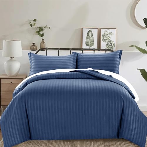 PRIME LINENS 3 Piece Duvet Cover Set Satin Stripes Quilt Cover Bedding Sets with Pillowcases Hotel Quality Ultra Soft Hypoallergenic Machine Washable (Royal Blue, Double)