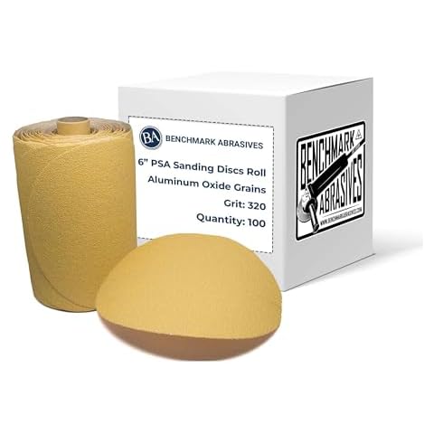 Benchmark Abrasives PSA Gold 6 Inch Self Adhesive Sanding Discs with Aluminum Oxide Grains Automotive DA Sandpaper - 6 Inch Sanding Discs Roll - Surface Blending Orbital Sanders (100 Discs), 320 Grit Cover