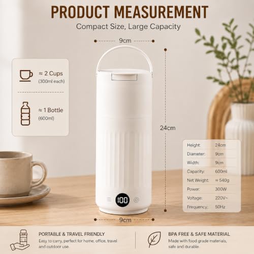 Image of Neepra Portable Electric Kettle 600ml with LCD Temperature Display, Travel Electric Water Boiler, 8 Preset Temperature Modes, 304 Stainless Steel, Fast Boil, Leakproof, Auto Shut-Off (New Portable)
