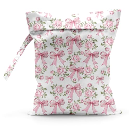 Image of Sldpngo Waterproof Cloth Diaper Wet Dry Bag Reusable Travel Beach Pool Daycare Soiled Toddler Items Yoga Gym Bag for Swimsuits Wet Clothes Bags - Pink Bow Flowers Pattern