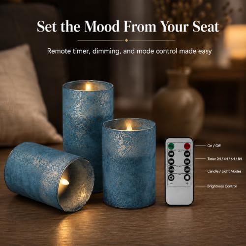 Image of Blue Battery Operated Candles Remote Timer Coastal Decor Set of 3 | Blue Sandblasted Glass, Warm White LED Glow, Real Wax, 10 Key Remote, 2 4 6 8 Hour Timer, 3 Sizes