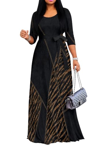 Image of Women's V Neck Floral Maxi Dress 3 /4 Sleeve Plus Size Boho Wrap Flowy Long Dresses with Belt