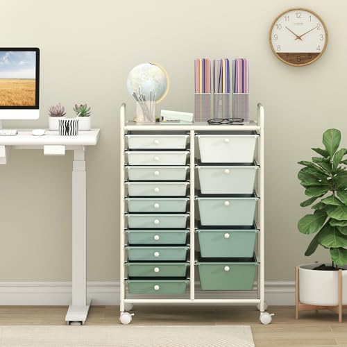 Image of LDAILY 15 Drawer Rolling Storage Cart, Rolling Cart with Drawers for Classroom, Art Supply Craft Organizer on Wheel with Metal Frame & Handles for Home Office School (Gradient Green, 15 Drawer)