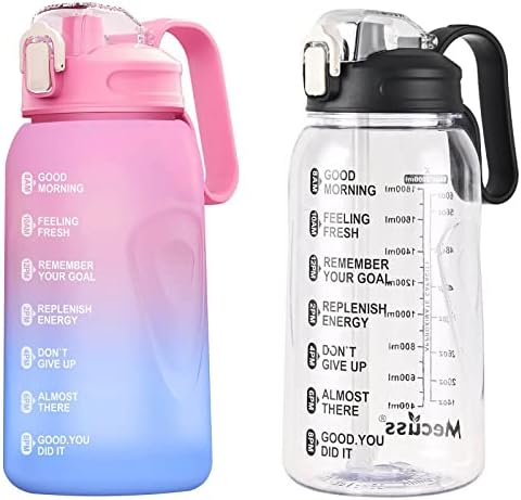 2 Pack Water Bottle with Straw, 64 oz Half Gallon Water Bottles with Time Marker, 2 Liter water bottles with Measurements(Clear and Pink)
