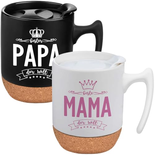 Mama und Papa Tassen Set mit Deckel und Untersetzer, Beste Mama Papa der Welt Kaffeetasse, Geschenke für Eltern Mutter Vater zum Geburtstag Weihnachten