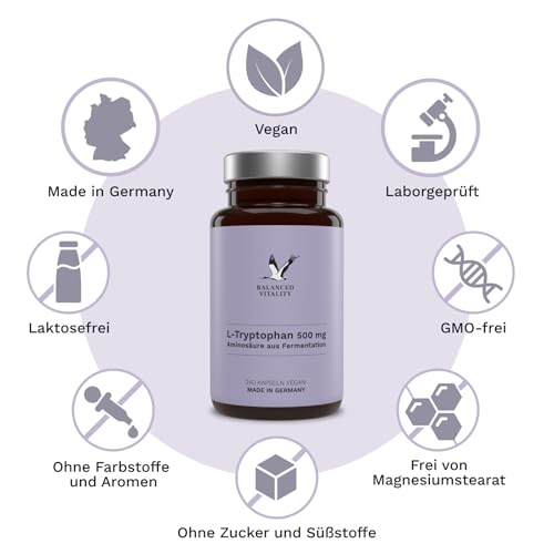 L-Tryptophan - Hochdosiert: 526 mg je Kapsel - 240 vegane Kapseln - 8 Monate Vorrat - Ohne Zusatzstoffe - Aus pflanzlicher Fermentation - Laborgeprüft - Balanced Vitality