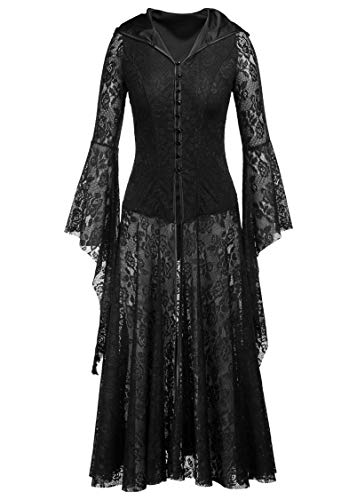 Nihsatin Women's Gothic Fairy Victorian Hooded Lace Cardigan Bell Sleeve Button Up Corset Dress