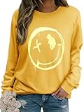 WIEIYM Damen-Sweatshirt, Smiley-Gesicht, Rundhalsausschnitt, langärmelig, Grafikdruck, Basic-Top, lässiger Pullover, S-XXL, gelb, XL