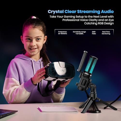 Image of Simpex (SDM-001 Dynamic RGB USB Condenser Microphone for PC, RGB Condenser Computer Mic with Tripod Stand, Quick Mute, Gain Control, for Gaming, Streaming, Podcasting, Recording