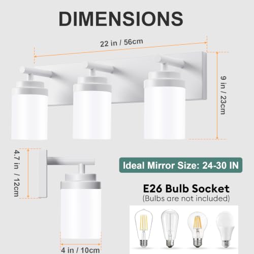 Image of IZORRO Bathroom Light Fixture White, White Glass Shade 22-Inch 3-Light