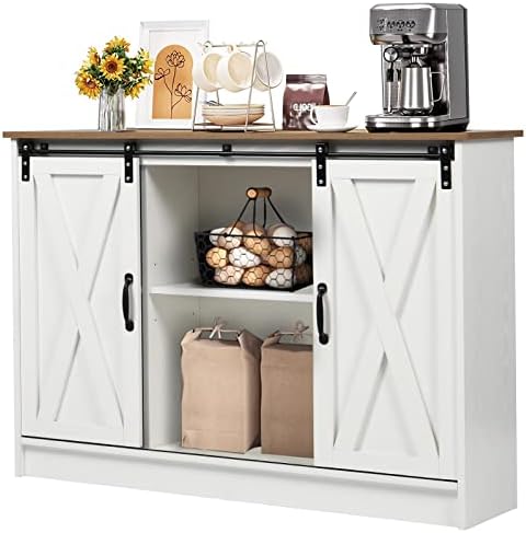 4 EVER WINNER Farmhouse Coffee Bar Cabinet, Kitchen Buffet Storage Coffee Cabinet Station Credenza Cupboard with Adjustable Shelf, Buffet Cabinet with Storage and Sliding Barn Doors, White