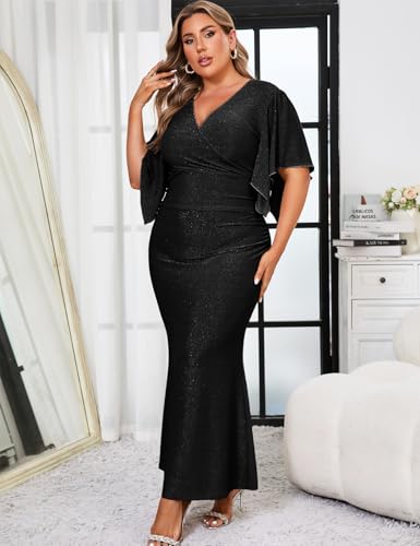 ZOMVA Plus Size Maxi Sparkly Dress Formal Evening Gown Cocktail Prom Glitter V-Neck Wrap Handkerchief Sleeves4