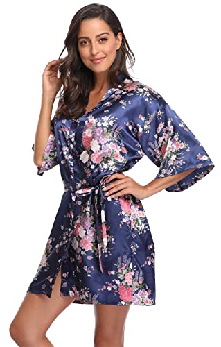 Season Dressing Floral Satin Kimono Robes Short Bridesmaid Robe For Parties Wedding Robes, Navy X-Large #TOP3
